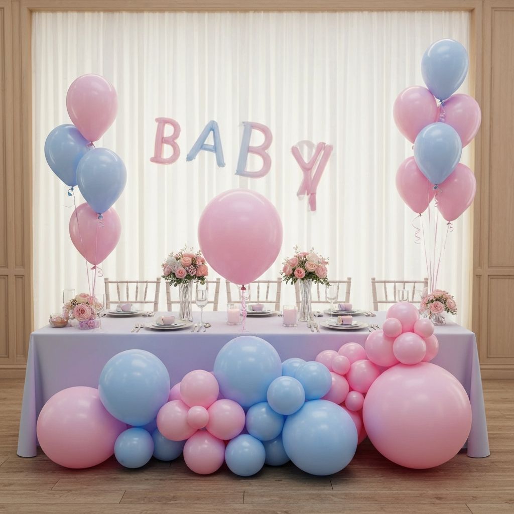 Baby shower balloon decoration setup with pastel balloons